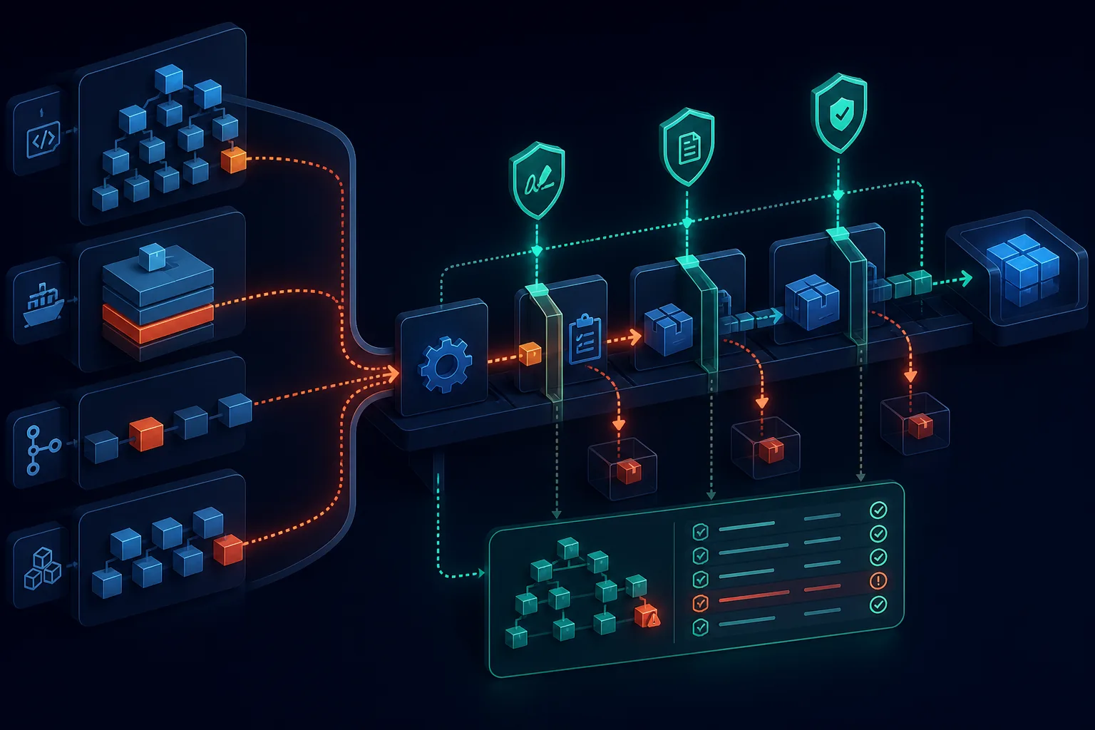 Bağımlılıklar, container image ve CI bileşenlerinin doğrulama kapılarından geçerek uygulama artifact'ına ulaştığı tedarik zinciri şeması