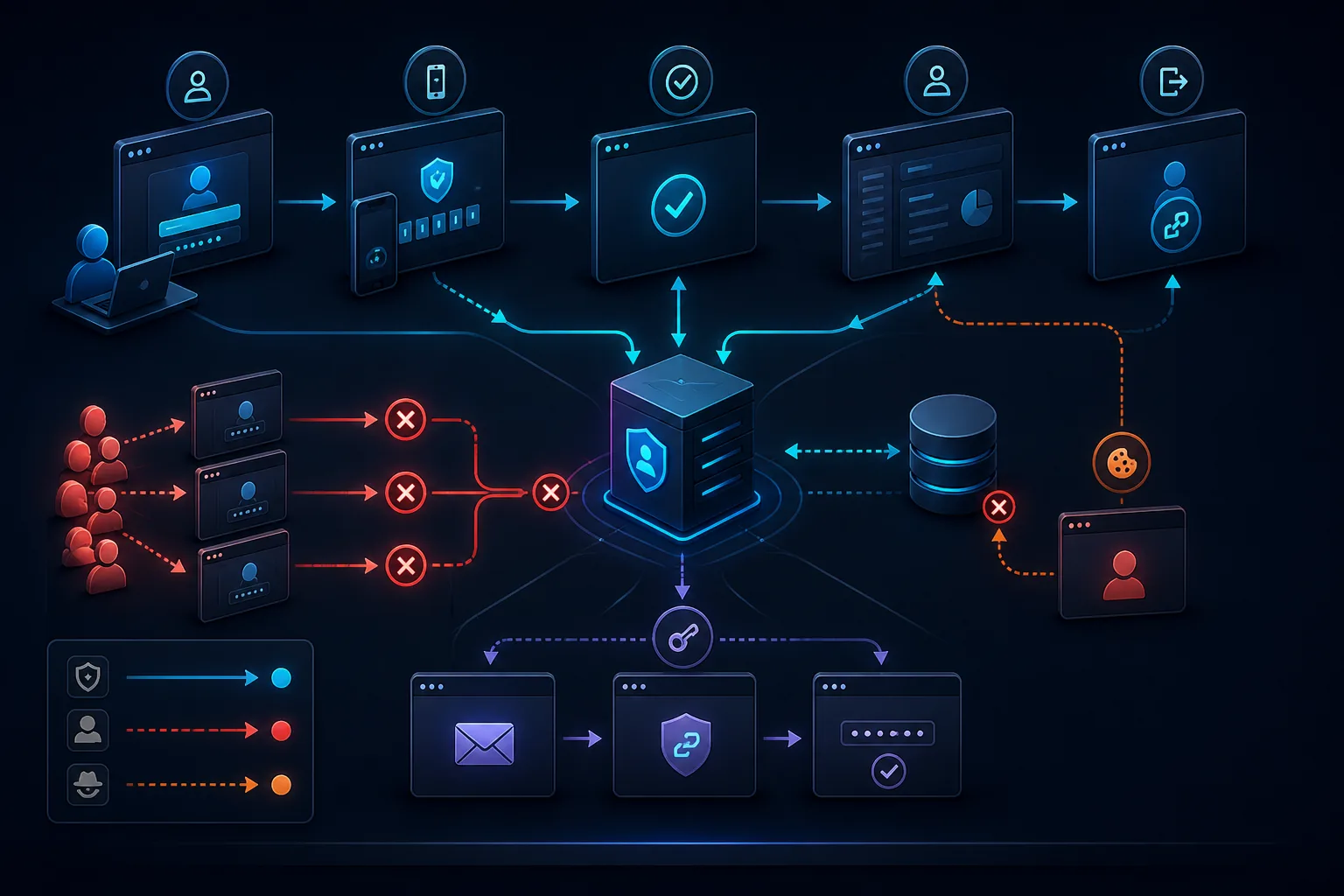 Login, MFA, session, parola sıfırlama ve logout adımlarını; credential stuffing ile session saldırılarını gösteren kimlik yaşam döngüsü şeması