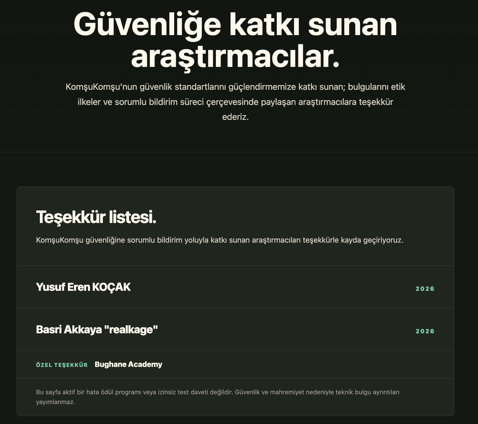KomşuKomşu 2026 Vulnerability Disclosure Hall of Fame listesinde Basri Akkaya “realkage” kaydını gösteren ekran görüntüsü