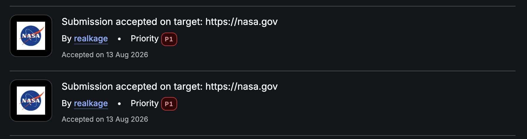 Bugcrowd üzerinde NASA hedefi için 13 Ağustos 2026 tarihinde kabul edilmiş iki P1 bildirimi gösteren ekran görüntüsü