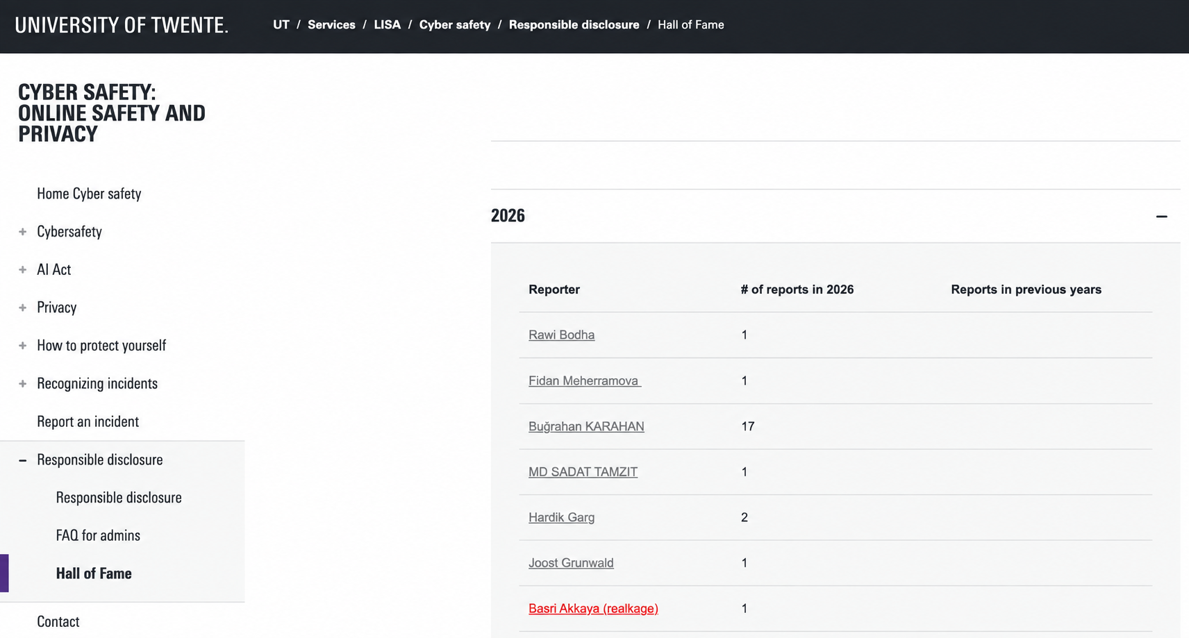 University of Twente 2026 Responsible Disclosure Hall of Fame tablosunda Basri Akkaya (realkage) ve kabul edilen 1 raporu gösteren ekran görüntüsü